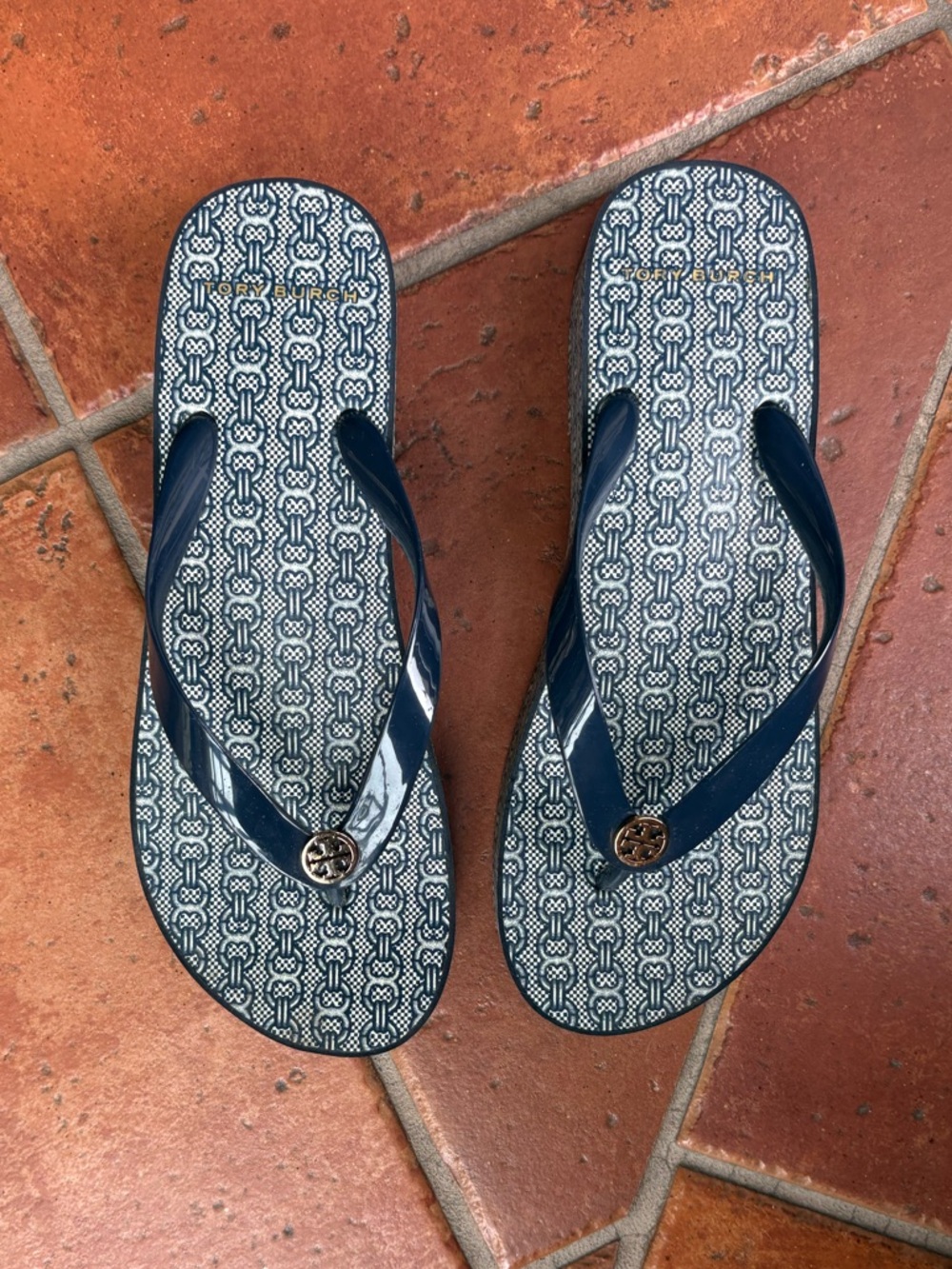 Tory Burch Navy and White Logo Print Flip Flop Sandals